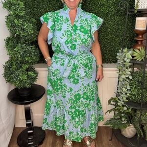 Entro Blue and Green Floral Ruffle-Sleeve Midi Dress-NWT